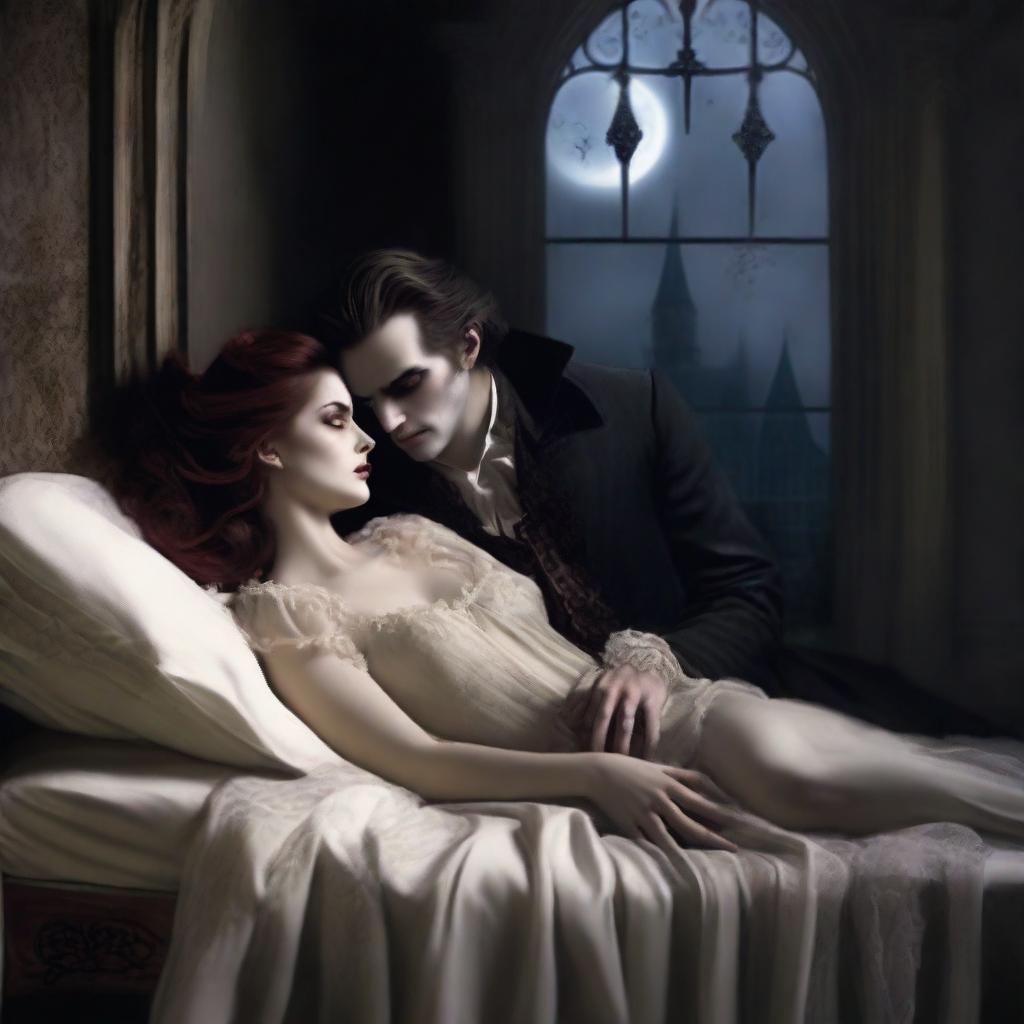 Create an image of a handsome vampire sitting on a windowsill, observing a girl sleeping in her bed