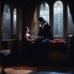 Create an image of a handsome vampire sitting on a windowsill, observing a girl sleeping in her bed