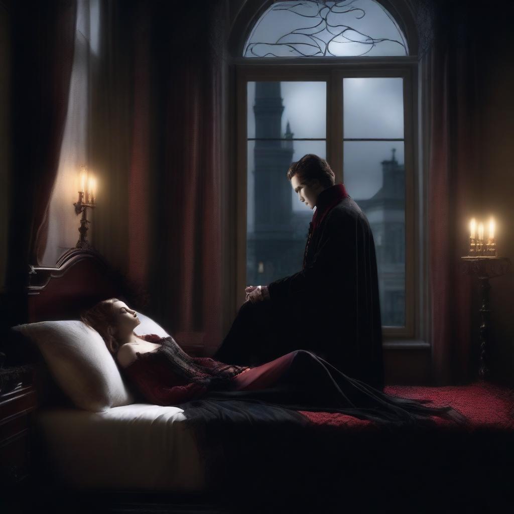 Create an image of a handsome vampire sitting on a windowsill, observing a girl sleeping in her bed