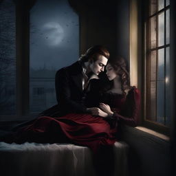 Create an image of a handsome vampire sitting on a windowsill, observing a girl sleeping in her bed