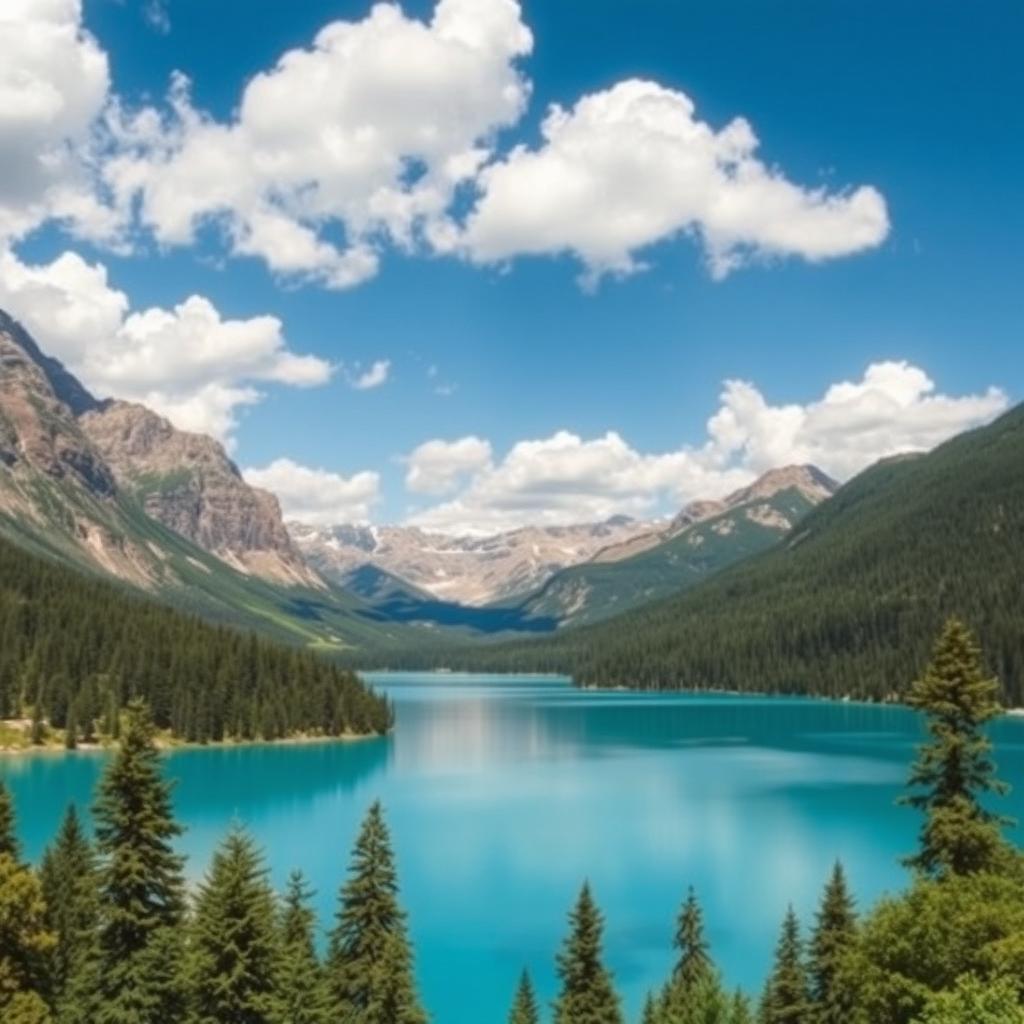 Create an image of a beautiful and serene landscape featuring a clear blue lake surrounded by lush green forests and majestic mountains in the background under a bright blue sky with fluffy white clouds