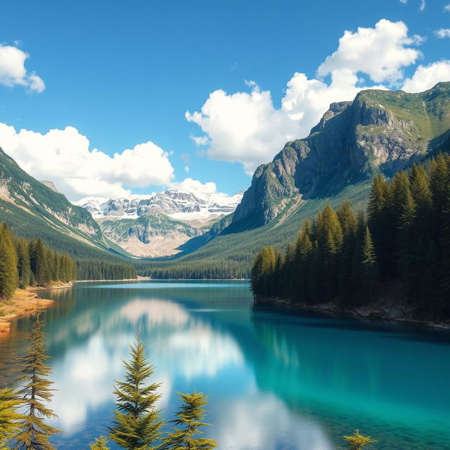 Create an image of a beautiful and serene landscape featuring a clear blue lake surrounded by lush green forests and majestic mountains in the background under a bright blue sky with fluffy white clouds