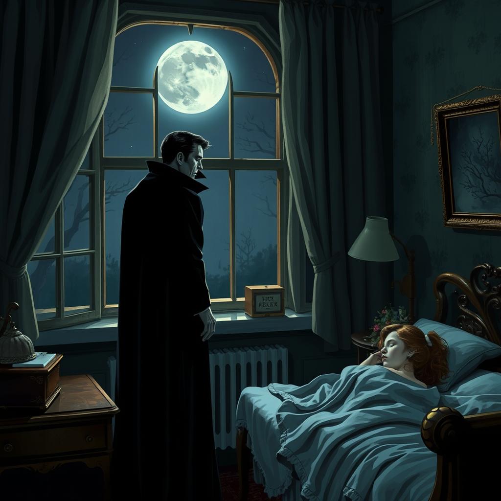 A vampire standing by a window, observing a girl sleeping peacefully in her bed