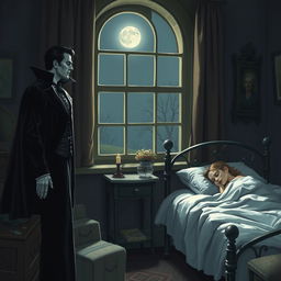 A vampire standing by a window, observing a girl sleeping peacefully in her bed