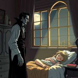 A vampire standing by a window, observing a girl sleeping peacefully in her bed