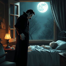 A vampire standing by a window, observing a girl sleeping peacefully in her bed