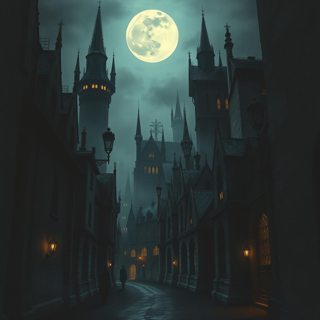 A gothic city inhabited by vampires, with dark, towering buildings and eerie, dim lighting