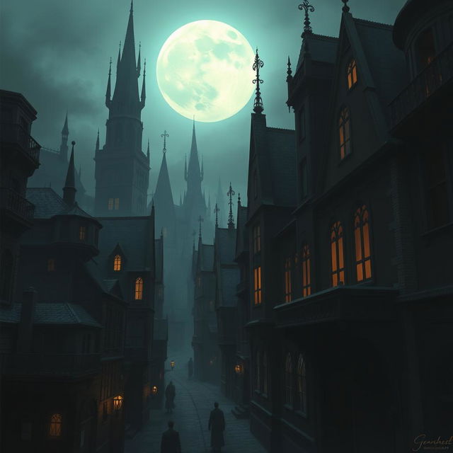 A gothic city inhabited by vampires, with dark, towering buildings and eerie, dim lighting