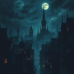 A gothic city inhabited by vampires, with dark, towering buildings and eerie, dim lighting