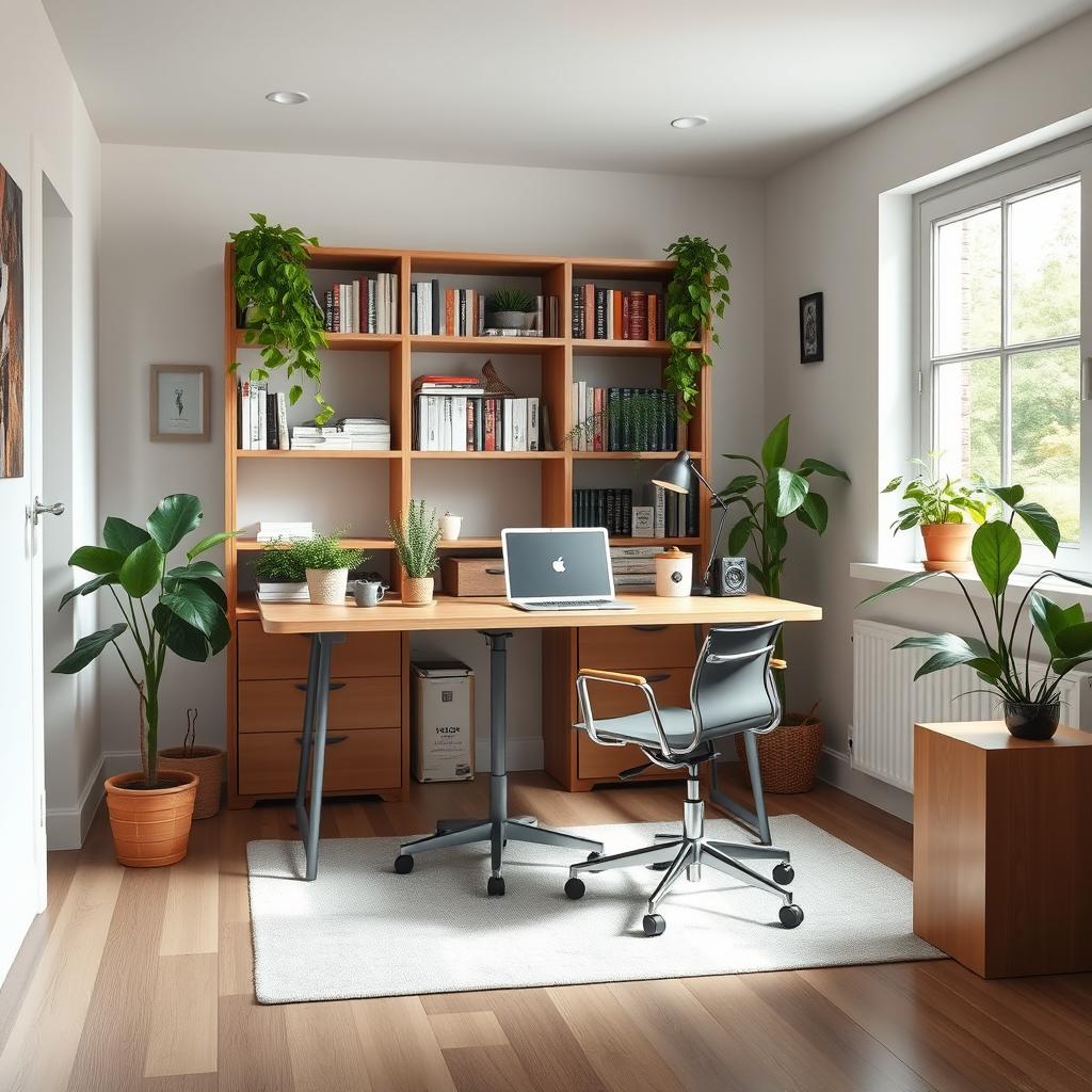 A cozy home office setup with a modern desk, ergonomic chair, laptop, and some indoor plants