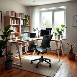 A cozy home office setup with a modern desk, ergonomic chair, laptop, and some indoor plants