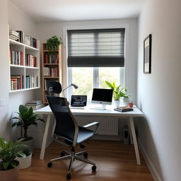 A cozy home office setup with a modern desk, ergonomic chair, laptop, and some indoor plants