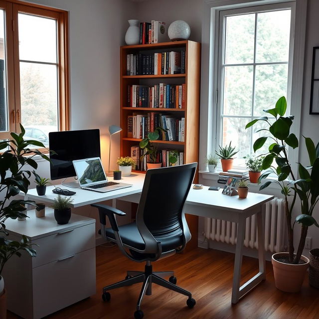 A cozy home office setup with a modern desk, ergonomic chair, laptop, and some indoor plants