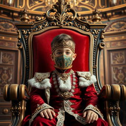 A young boy sits regally on a grand throne, wearing an ornate mask