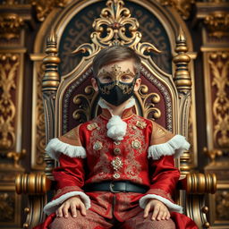 A young boy sits regally on a grand throne, wearing an ornate mask