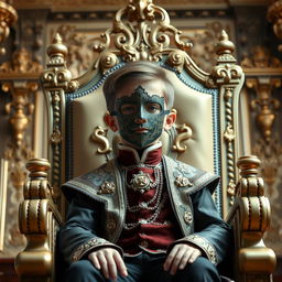 A young boy sits regally on a grand throne, wearing an ornate mask