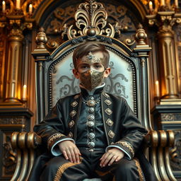 A young boy sits regally on a grand throne, wearing an ornate mask