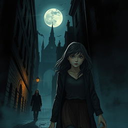 A young adult girl investigating a dark, gothic city at night, unaware that a vampire is following her