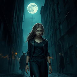 A young adult girl investigating a dark, gothic city at night, unaware that a vampire is following her