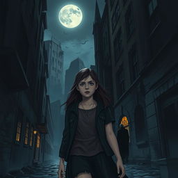 A young adult girl investigating a dark, gothic city at night, unaware that a vampire is following her