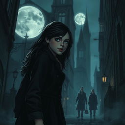 A young adult girl investigating a dark, gothic city at night, unaware that a vampire is following her