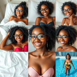 Create a series of realistic images of a beautiful black girl with the same face