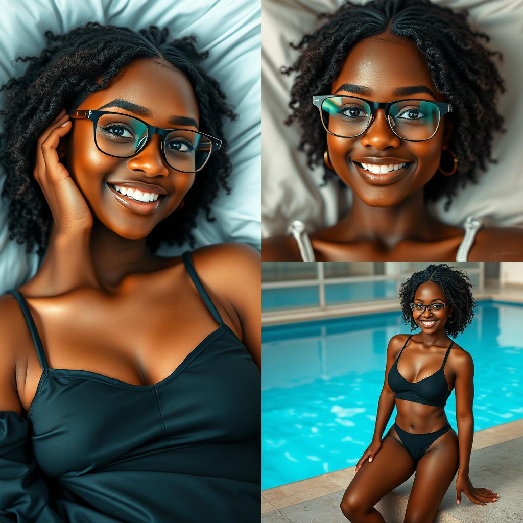 Create a series of realistic images of a beautiful black girl with the same face