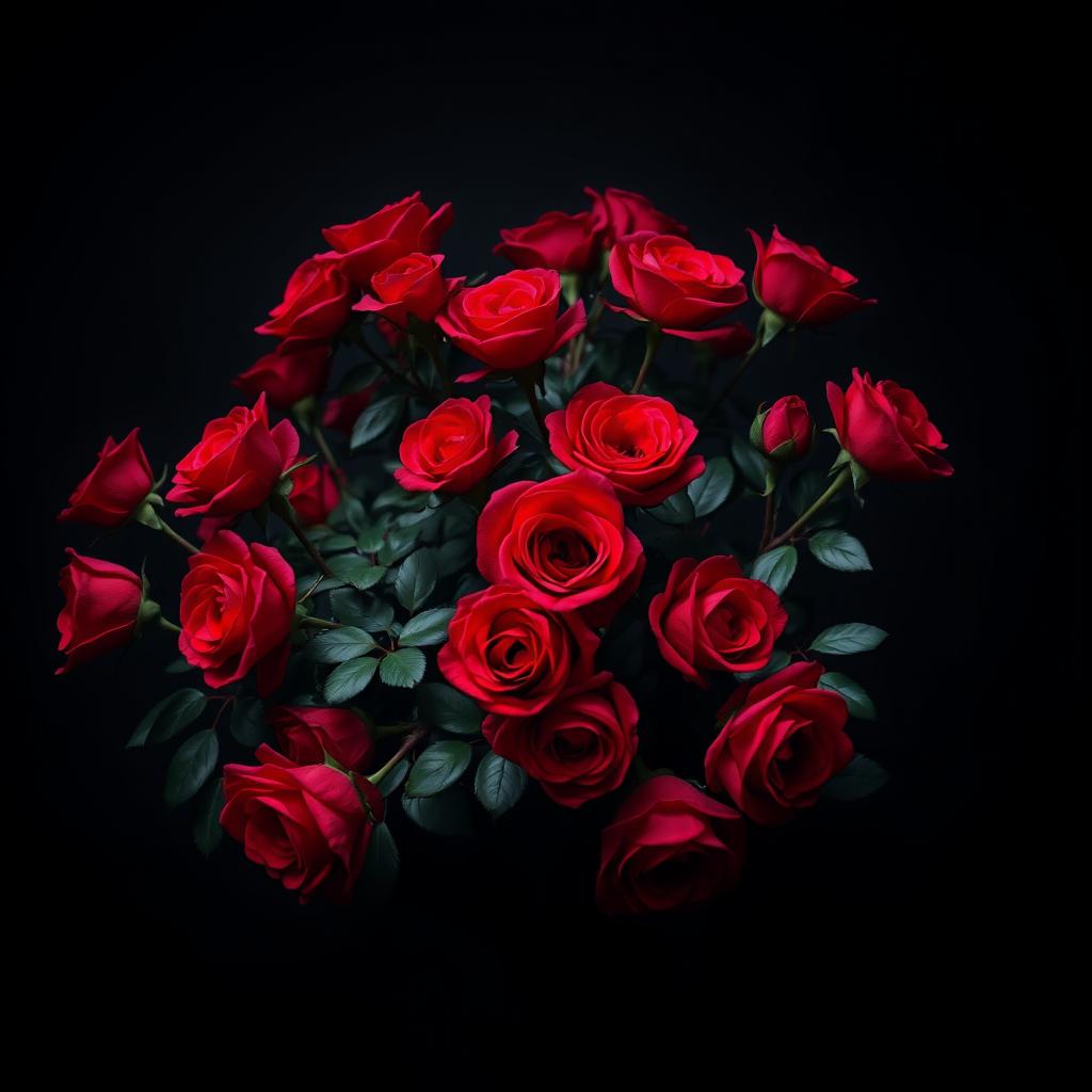 A bush of vibrant red roses set against a dark, moody background