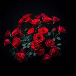 A bush of vibrant red roses set against a dark, moody background