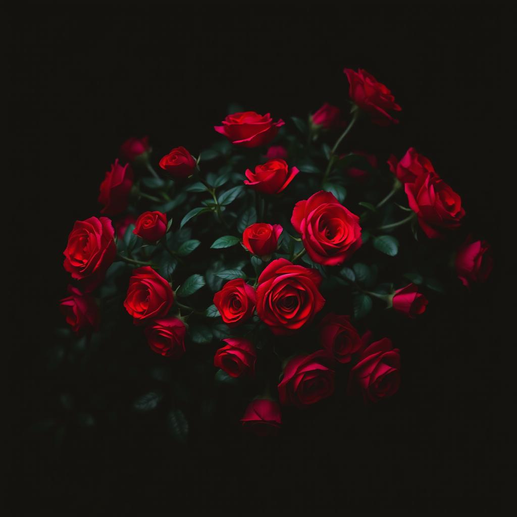 A bush of vibrant red roses set against a dark, moody background