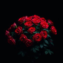 A bush of vibrant red roses set against a dark, moody background