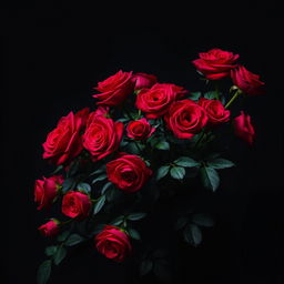 A bush of vibrant red roses set against a dark, moody background