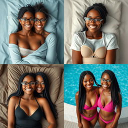 Create a series of realistic images of a beautiful black girl with the same face, along with her sister