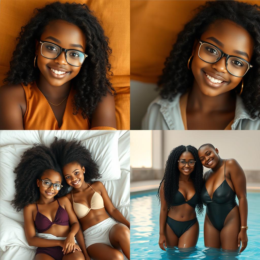 Create a series of realistic images of a beautiful black girl with the same face, along with her sister