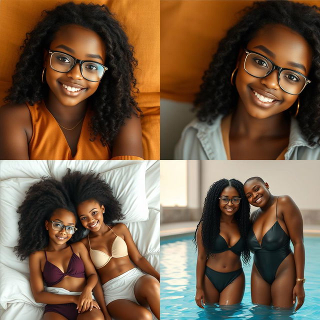 Create a series of realistic images of a beautiful black girl with the same face, along with her sister