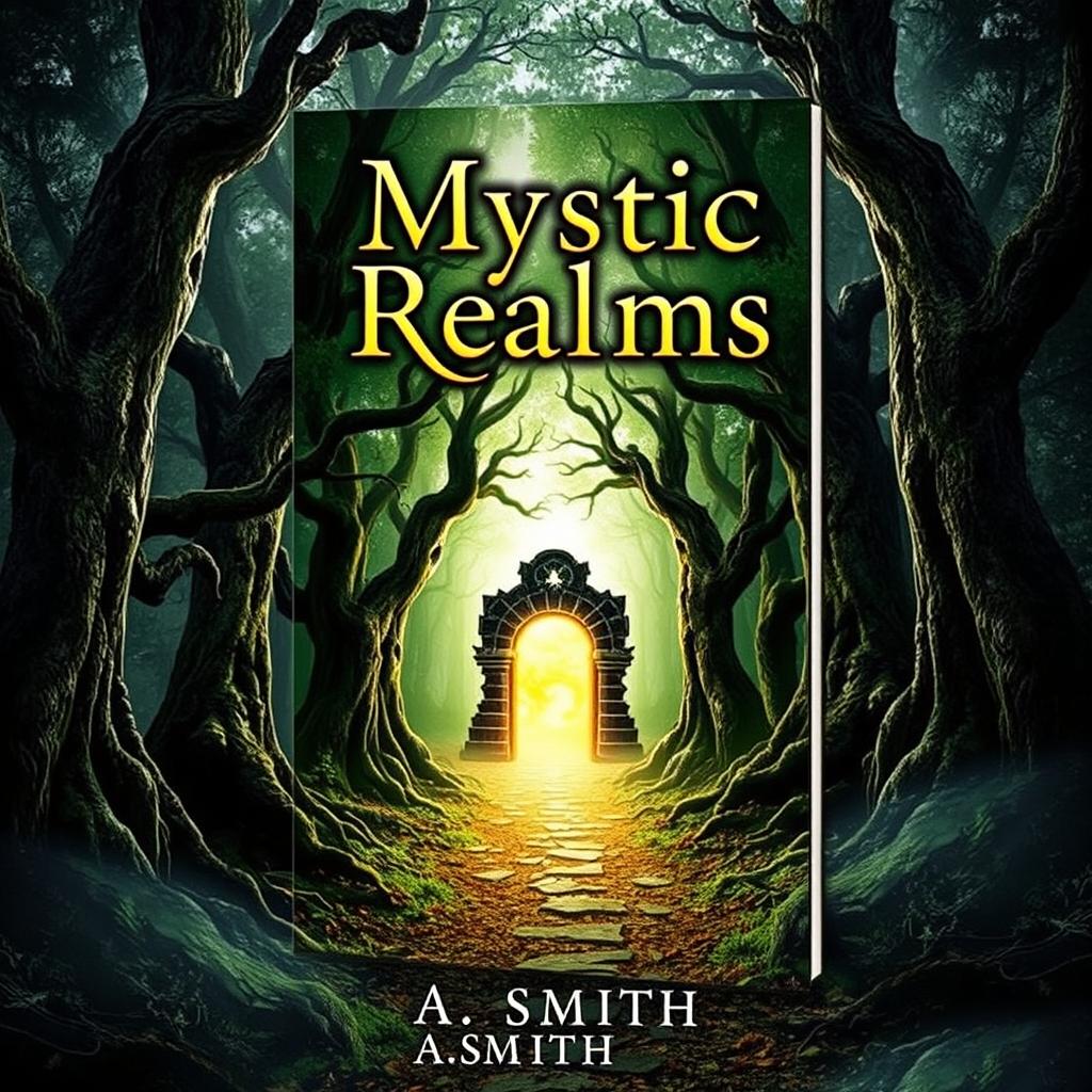 Create a captivating e-book cover featuring a mystical forest with ancient trees and a hidden path leading to a glowing portal