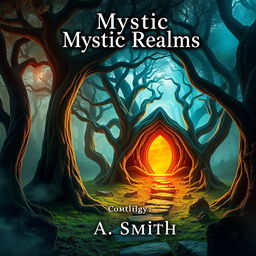 Create a captivating e-book cover featuring a mystical forest with ancient trees and a hidden path leading to a glowing portal