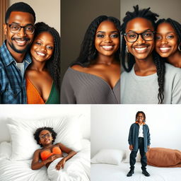 Create a series of realistic images of a beautiful black girl with the same face, along with her father and brother