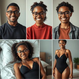 Create a series of realistic images of a beautiful black girl with the same face, along with her father and brother