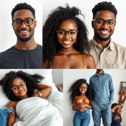 Create a series of realistic images of a beautiful black girl with the same face, along with her father and brother