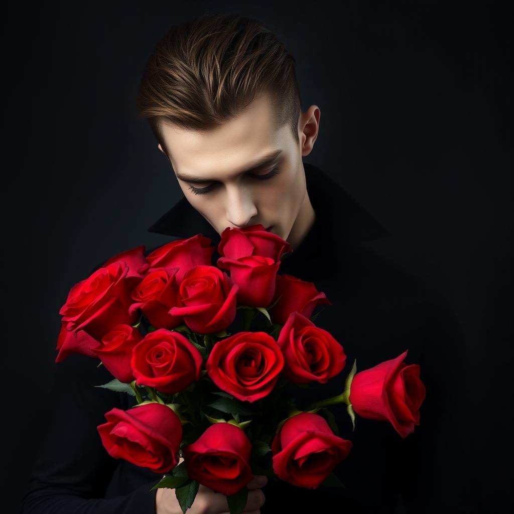 A young adult vampire holding and smelling a bouquet of vibrant red roses against a dark, moody background