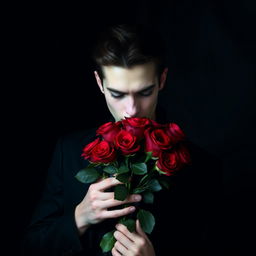 A young adult vampire holding and smelling a bouquet of vibrant red roses against a dark, moody background