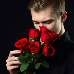 A young adult vampire holding and smelling a bouquet of vibrant red roses against a dark, moody background