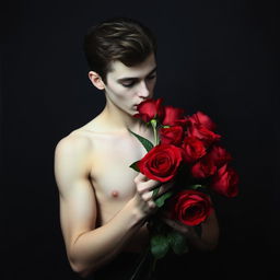 A young adult vampire holding and smelling a bouquet of vibrant red roses against a dark, moody background