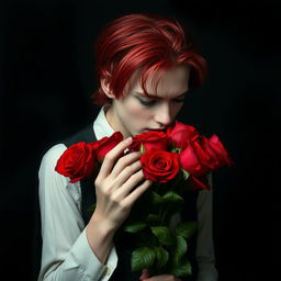 A young adult vampire with striking red hair holding and smelling a bouquet of vibrant red roses against a dark, moody background