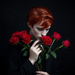 A young adult vampire with striking red hair holding and smelling a bouquet of vibrant red roses against a dark, moody background