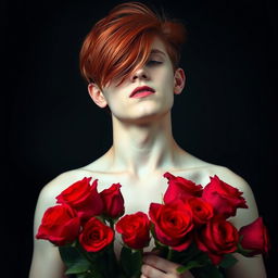 A young adult vampire with striking red hair holding and smelling a bouquet of vibrant red roses against a dark, moody background