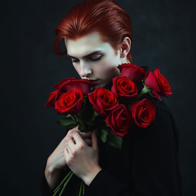 A young adult vampire with striking red hair holding and smelling a bouquet of vibrant red roses against a dark, moody background