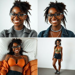 Create a series of realistic images of a beautiful black girl with the same face at university