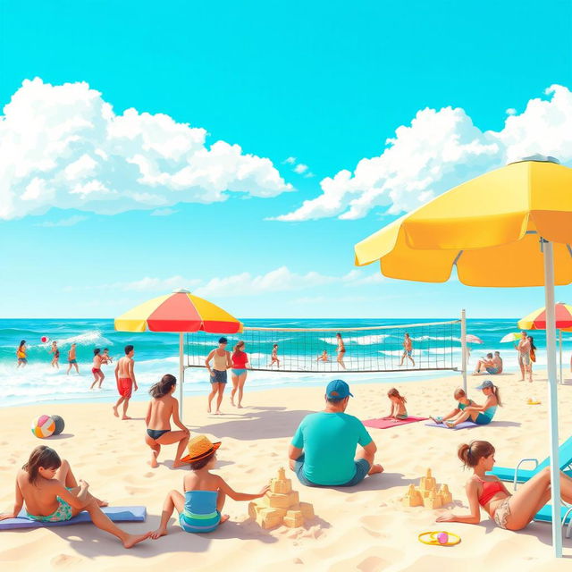 Generate a colorful and vibrant image of a sunny day at the beach